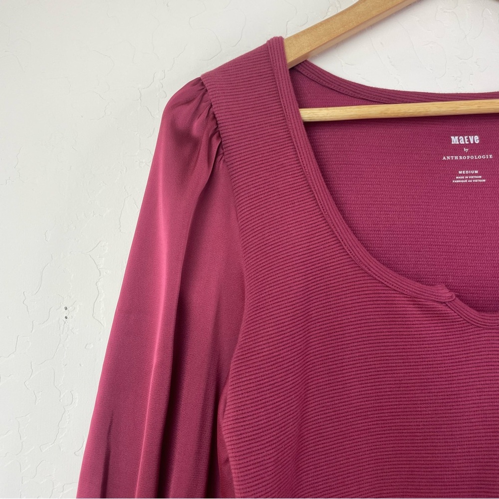 Maeve by Anthropologie Ribbed Tiered Long Sleeve Top in Burgundy Size Medium NEW - Picture 6 of 16